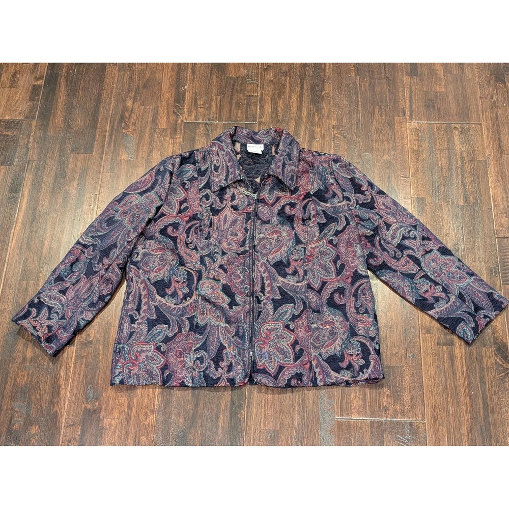 Vintage Paisley Tapestry Jacket Womens L Petite Navy‎ Zip Textured Long Sleeve